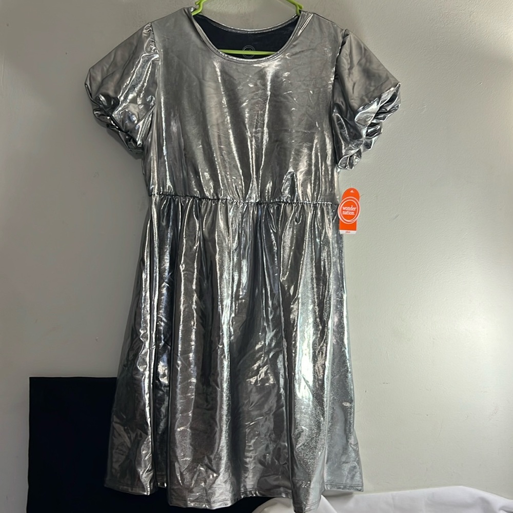 NWT SLATE GREY Wonder Nation Girls Metallic Knit Puff Sleeve Dress, Sz14/16 Plus